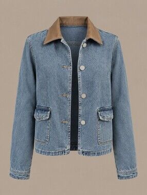 Dazy Women's Light Blue Denim Jacket with Brown Leather-Look Collar